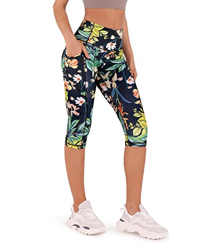 ODODOS Women's Tropical Flower High Waisted Capris