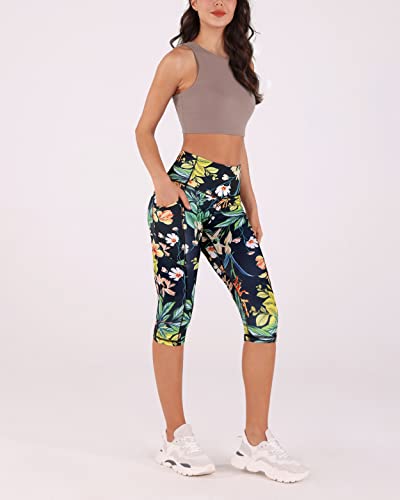 ODODOS Women's Tropical Flower High Waisted Capris