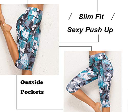 FITTOO Women's Pickleball Capris with Pockets and Leaf Print