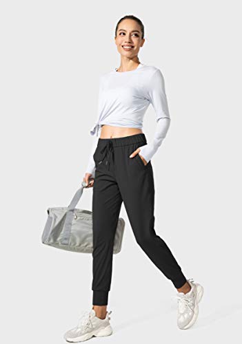 SANTINY Women's Black Joggers with Pockets, Drawstring