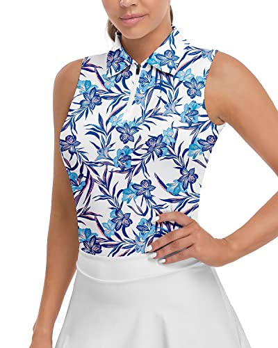 Soneven Women's Sleeveless Polo Tank Top Blue Floral