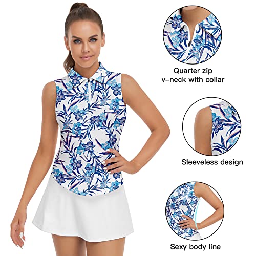 Soneven Women's Sleeveless Polo Tank Top Blue Floral