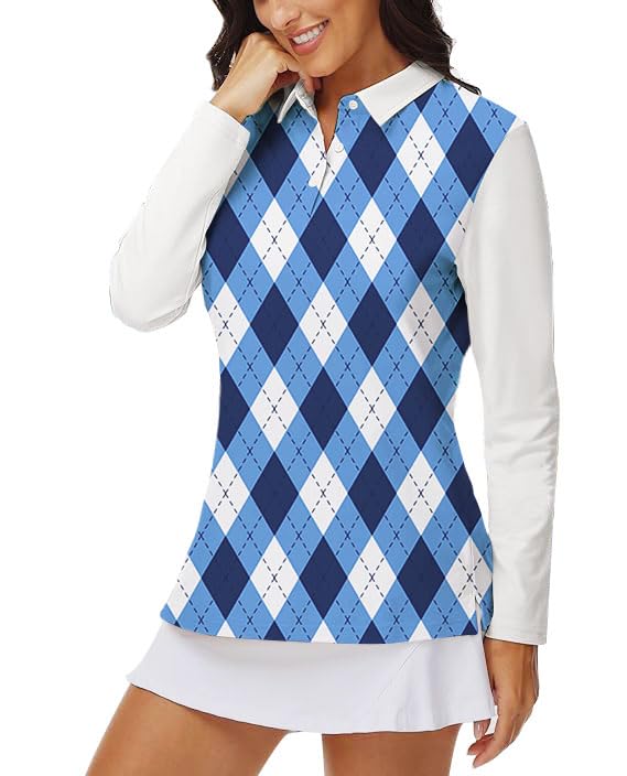 Women's V-Neck Pickleball Polo Shirt in Blue Argyle