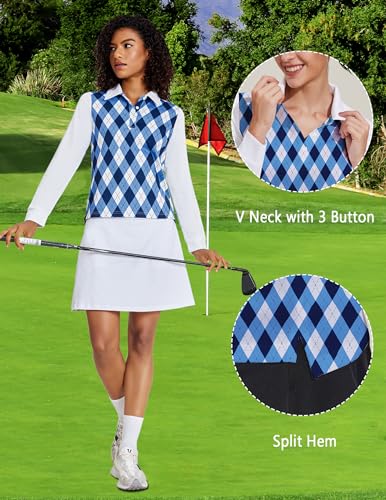 Women's V-Neck Pickleball Polo Shirt in Blue Argyle