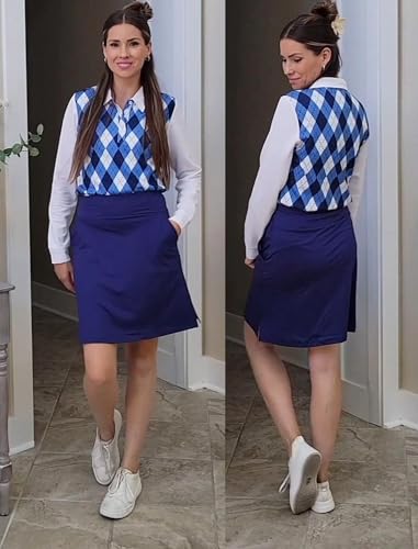 Women's V-Neck Pickleball Polo Shirt in Blue Argyle