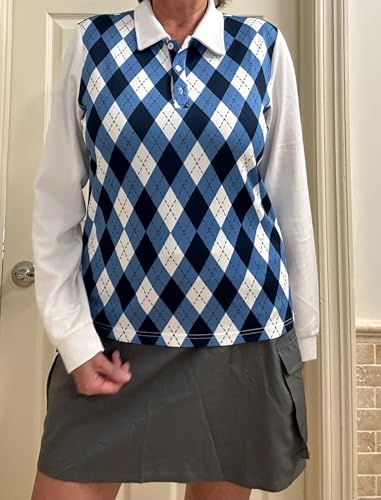 Women's V-Neck Pickleball Polo Shirt in Blue Argyle