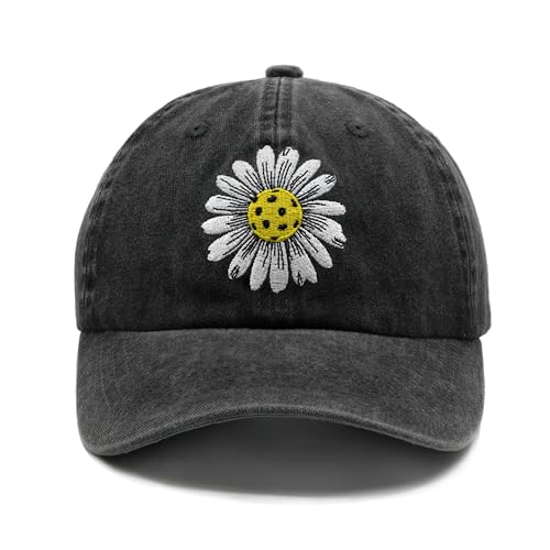 Women's Pickleball Daisy Embroidered Washed Denim Baseball Cap