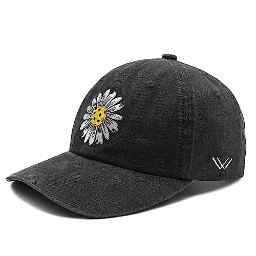 Women's Pickleball Daisy Embroidered Washed Denim Baseball Cap