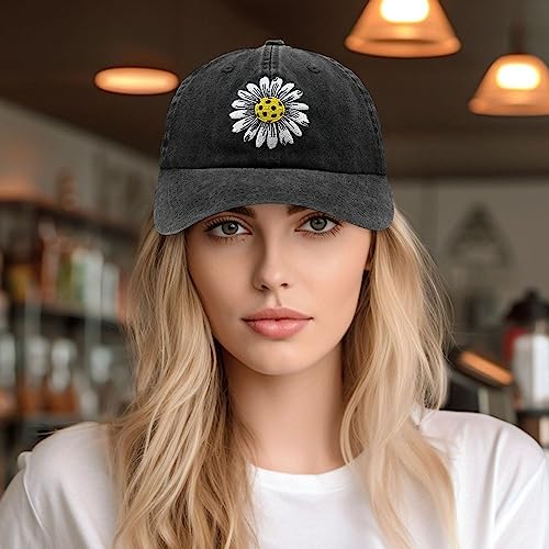 Women's Pickleball Daisy Embroidered Washed Denim Baseball Cap