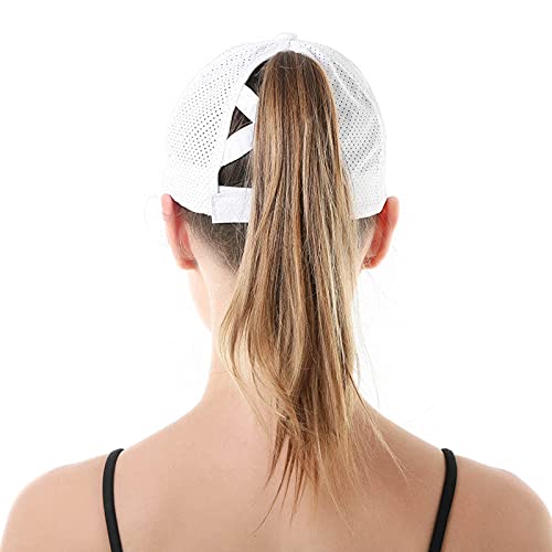 White Criss Cross Ponytail Baseball Cap for Women