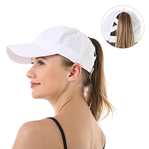 White Criss Cross Ponytail Baseball Cap for Women
