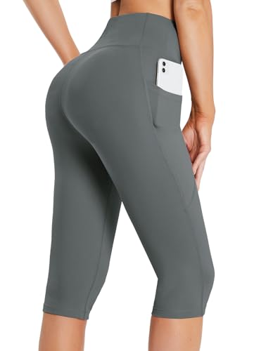 Gray High Waisted Capri Leggings with Pockets