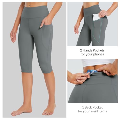 Gray High Waisted Capri Leggings with Pockets
