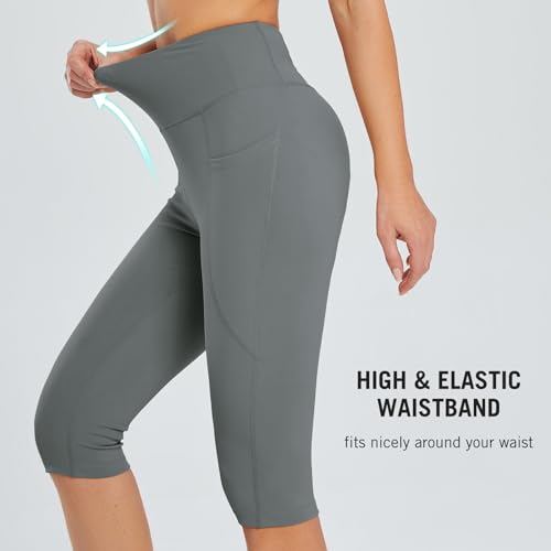 Gray High Waisted Capri Leggings with Pockets