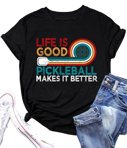 Women's Pickleball Graphic T-Shirt - Funny Design (Black, Medium)
