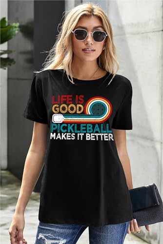 Women's Pickleball Graphic T-Shirt - Funny Design (Black, Medium)