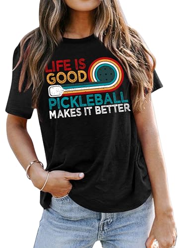 Women's Pickleball Graphic T-Shirt - Funny Design (Black, Medium)