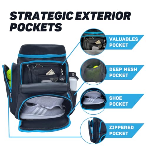 Unisex Pickleball Backpack - Holds 2-4 Paddles, Shoes, Water