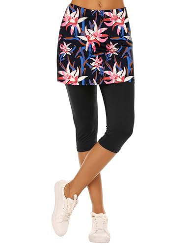 Women's High Waisted Skirted Leggings, Blue Pink Floral