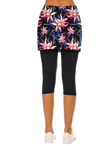 Women's High Waisted Skirted Leggings, Blue Pink Floral