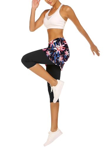 Women's High Waisted Skirted Leggings, Blue Pink Floral