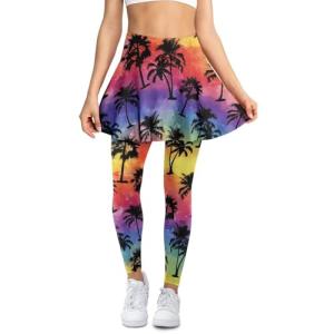 WHUVUMFY Women Tennis Skirted Leggings with Pockets Breathable Coconut Trees Athletic Skirt with Leggings Tummy Control Pickleball Clothing