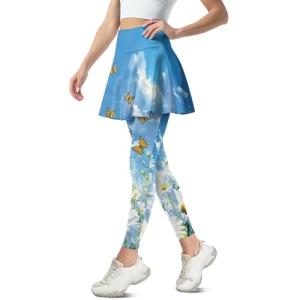 YEXIATODO Blue Sky Tennis Skirted Leggings with Pockets for Women Active Skort Athletic Ruffle Pleated Golf Pickleball with Skirt Seamless Butt Lifting for Athletics Workout Racing Dancing XS