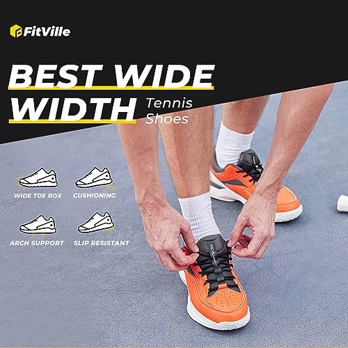 FitVille Men's Wide Court Shoes for Pickleball (Orange, 10.5)