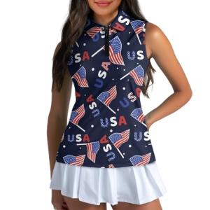 USA Flag Print Sleeveless Women's Pickleball Polo