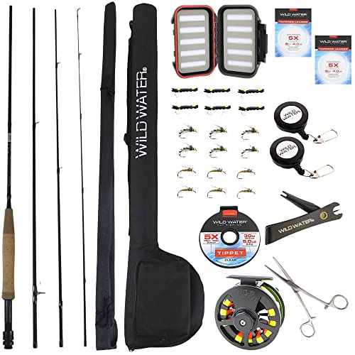 Wild Water Deluxe Fly Fishing Combo Starter Kit, 5 Weight Fly Rod, Cork Handle, Accessories, Aluminum Reel, Carry Case