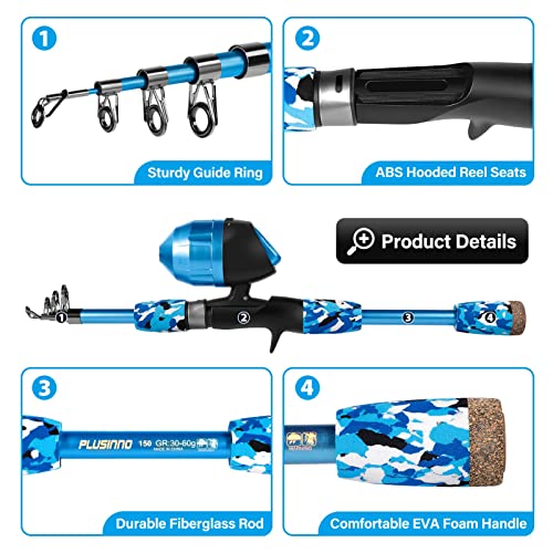 PLUSINNO Kids Telescopic Fishing Rod Combo, Blue, 150CM