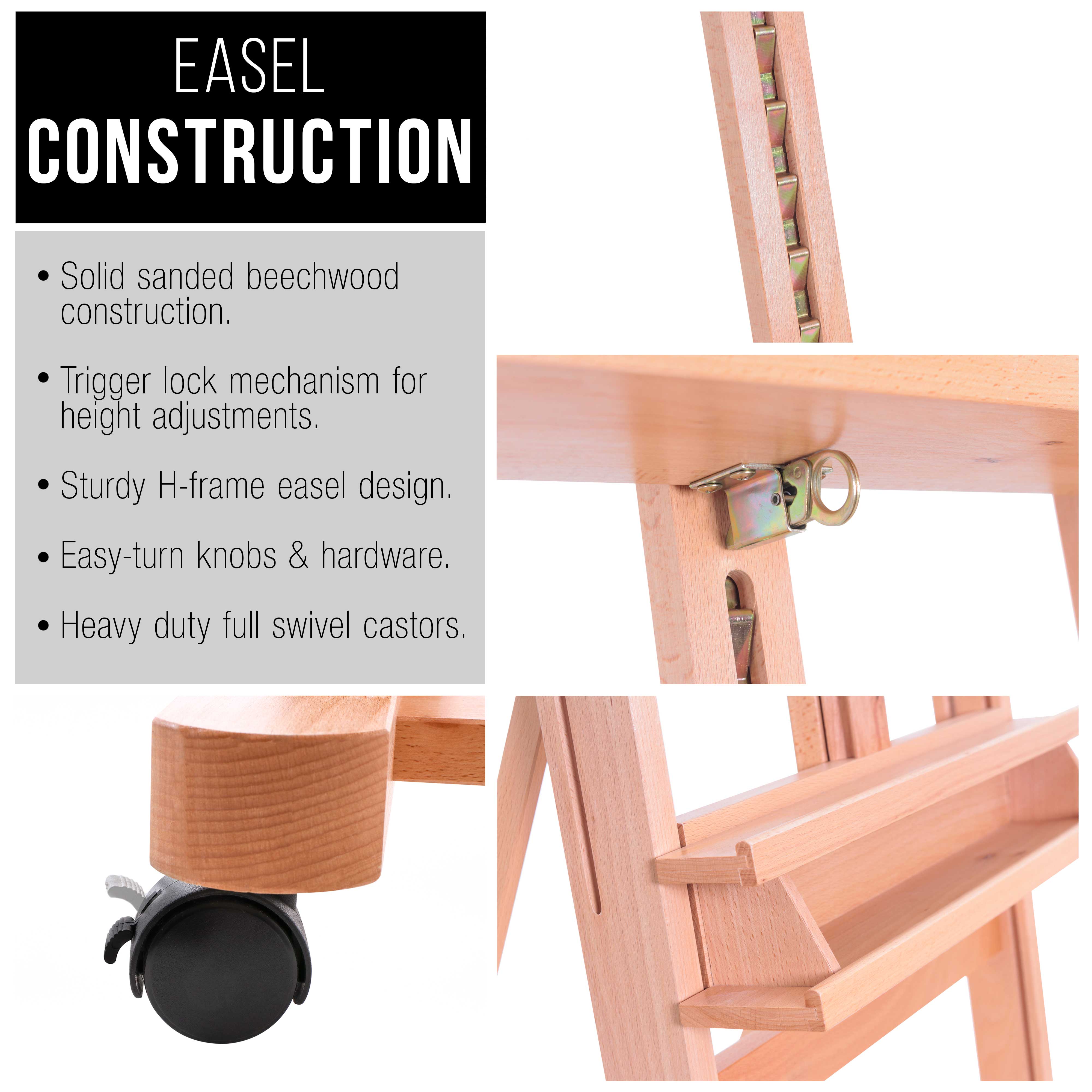 Adjustable Beechwood Easel with Artist Tray & Wheels