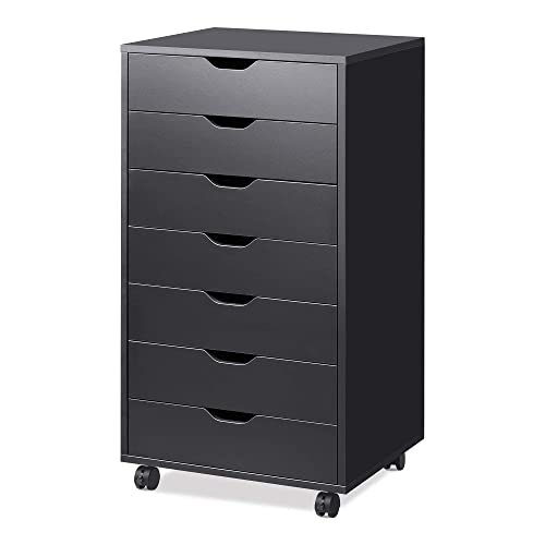 Black Wood Chest with Wheels and Drawers