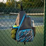 Alveroya Grey Blue Pickleball Sling Bag with Shoe Compartment for Men Women, Lightweight 2-3 Paddle Crossbody Backpack, Sports Bag with Water Bottle Pocket & Fence Hook