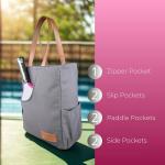 Picklefab Designer Pickleball Bags for Women | Canvas & Vegan Leather Pickle Ball Tote Bag with Cover Pockets for 4 Paddles | 12"x14"x5.5" Medium Tote Bag with Paddle Pocket & Fence Hook (Charcoal)