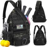 SunForMorning Pickleball Bag, Tactical Pickleball Backpack for Women Men, Adjustable Sling Bag with Fence Hook Water Bottle (Includes 2 Patches+1Carabiner), Black CM