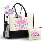 InnoBeta Pickleball Gifts for Women Canvas Tote Stuff Bag with Top Zipper, Shoulder Strap for Pickle Ball Players, Coaches for Christmas - Pickleball Queen