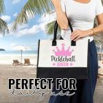 InnoBeta Pickleball Gifts for Women Canvas Tote Stuff Bag with Top Zipper, Shoulder Strap for Pickle Ball Players, Coaches for Christmas - Pickleball Queen
