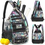 SunForMorning Pickleball Bag, Tactical Pickleball Backpack for Women Men, Adjustable Sling Bag with Fence Hook Water Bottle (Includes 2 Patches+1Carabiner), Leaf