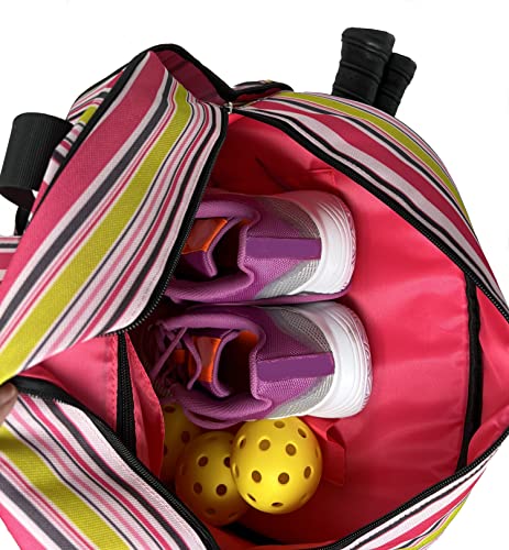 Pink stripe pickleball bag fits 2+ paddles, essentials