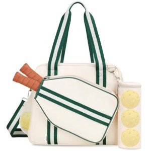 Movker Pickleball Tote Bag for Women Men with Paddle Cover Pocket External Ball Bag and Adjustable Shoulder Strap Fence Hook (Beige)