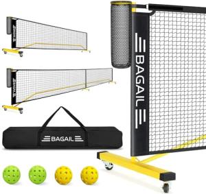 BAGAIL Portable Pickleball Net Set with Wheels, 22 FT Regulation Size & 11 FT Half Court Size 2-in-1 Pickle Ball Net with Ball Collector, Carry Bag, 4 Pickle Balls, Easy Setup - Yellow