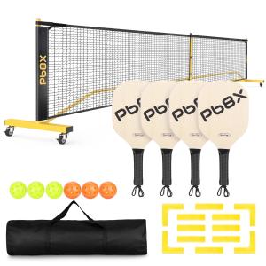 GIKPAL 22FT Portable Pickleball Net Set with Lockable Wheels (Net + 4 Paddles + 6 Pickleballs + a Carry Bag+ a set of court line maker) for Beginners Indoor Outdoor Play