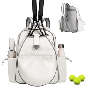 JKAOO Tennis Bags for Women, Waterproof Tennis Sling Crossbody Shoulder Backpack Holds 2 Rackets, Tennis Racket Bag for Pickleball Badminton (White)