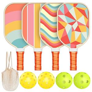 Pickleball Paddles Set of 4, USAPA Approved Premium Wood Pickleball Set with 4 Pickleball Balls and 1 Carry Bag Pickleball Rackets with Ergonomic Cushion Grip for Beginner & Pros Gifts for Women Youth
