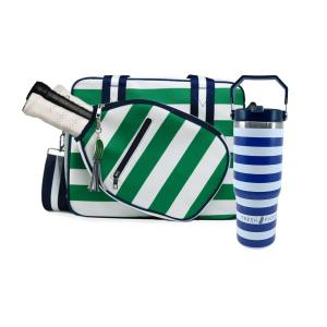 Fresh Pickle Lola Pickleball Tote - Designer Series Pickleball Bag for Women in Green/White Stripe + Navy Stripe 30-ounce Tumbler With Top Handle and Flip Straw