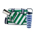 Fresh Pickle Lola Pickleball Tote - Designer Series Pickleball Bag for Women in Green/White Stripe + Navy Stripe 30-ounce Tumbler With Top Handle and Flip Straw