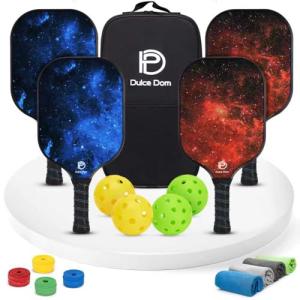 DULCE DOM USAPA Approved Fiberglass Pickleball Paddles Set of 4, Lightweight Pickleball Set with 4 Cooling Towels, 4 Lead Tapes, 4 Pickleballs and Pickleball Bag, Pickle Ball Equipment for Men Women
