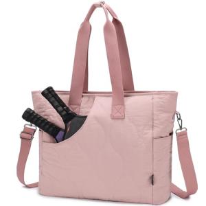 VASCHY Pickleball Tote Bags For Women With Fence Hook, Pickleball Paddle Holder Case Quilted Puffer Work/Gym/Sports Tote for 2 Rackets with Crossbody Strap Pink
