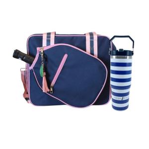 Fresh Pickle Lola Pickleball Tote - Designer Series Pickleball Bag for Women in Navy/Pink + Navy Stripe 30-ounce Tumbler With Top Handle and Flip Straw